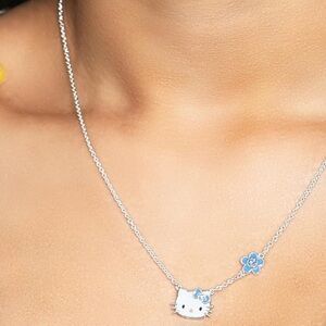 Hello Kitty Silver-Plated Women’s Necklace Girls necklaces with Blue Accents 18”